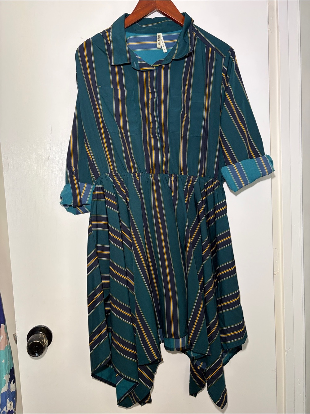 Live 4 Truth Teal, Navy & Yellow Striped Button-Up dress